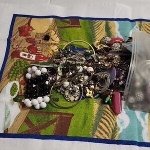 Assorted Jewelry Collection with Black and White Beaded Bracelet